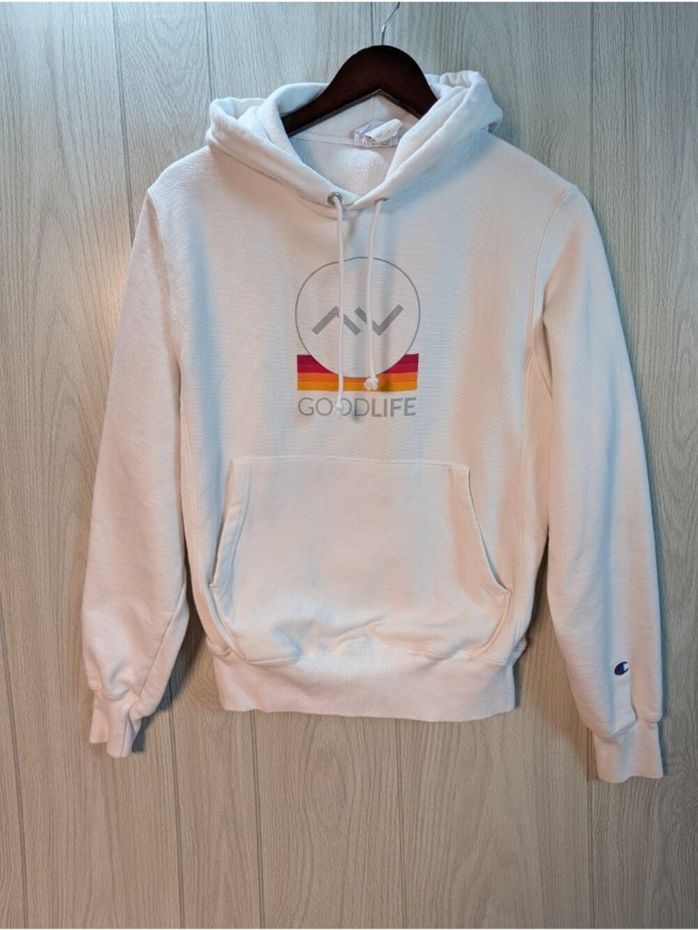 Champion Hoodie Mens Small White Reverse Weave Graphic Heavyweight Pullover FLAW
